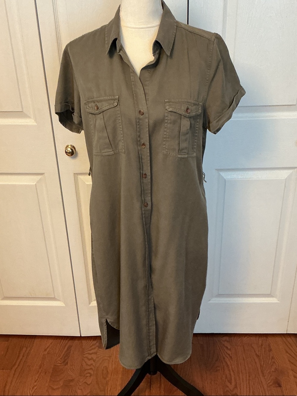 Women's Olive Utility Shirt Midi Dress with Short Sleeves